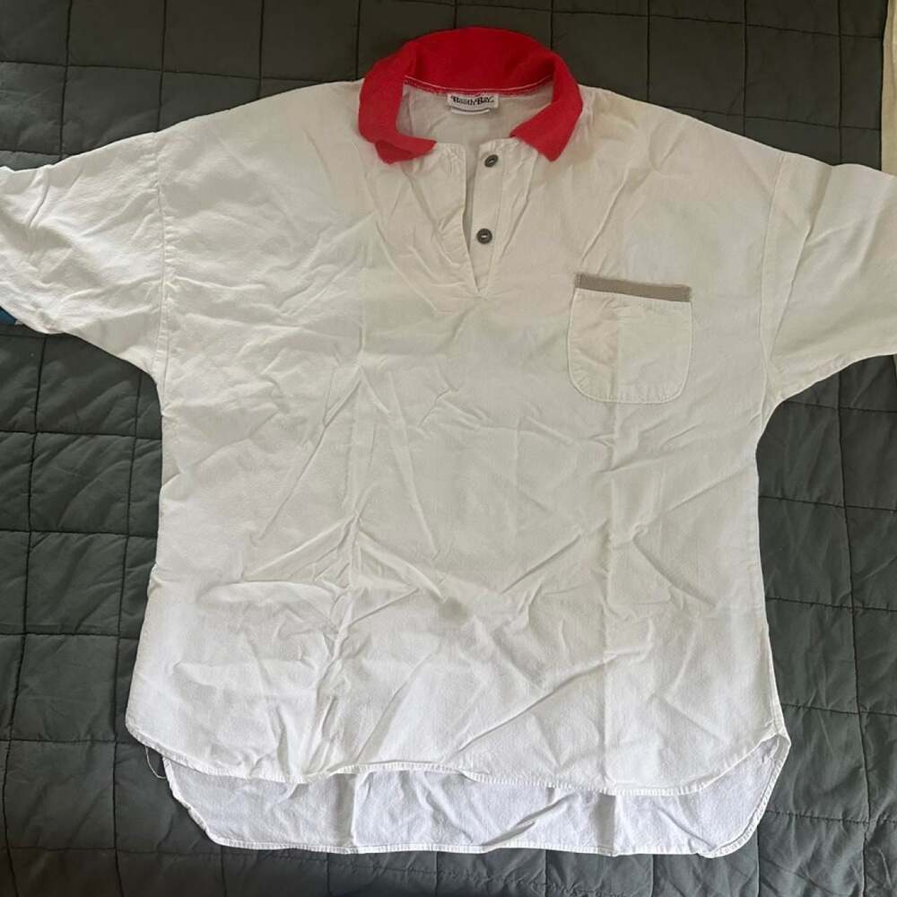 Vintage Booth Bay White Oversized Polo Shirt with Red Collar
